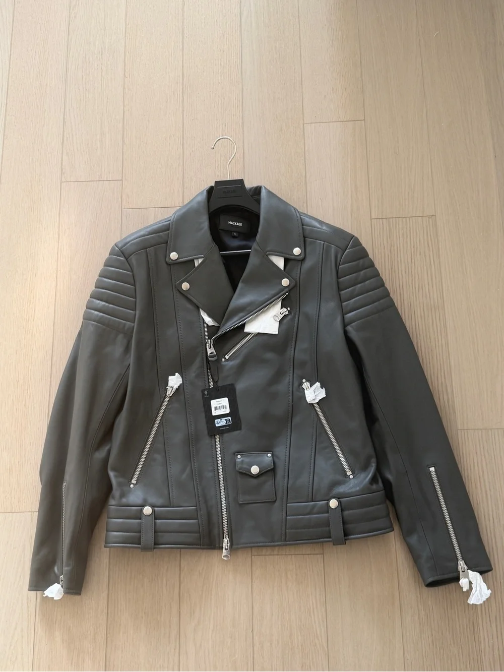 Mackage Men’s Dark Gray Leather Moto Jacket with Silver Hardware